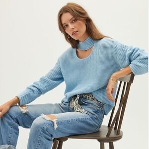 NWT By Anthropologie Sky Blue Cutout Waffle Knit Sweater sz L